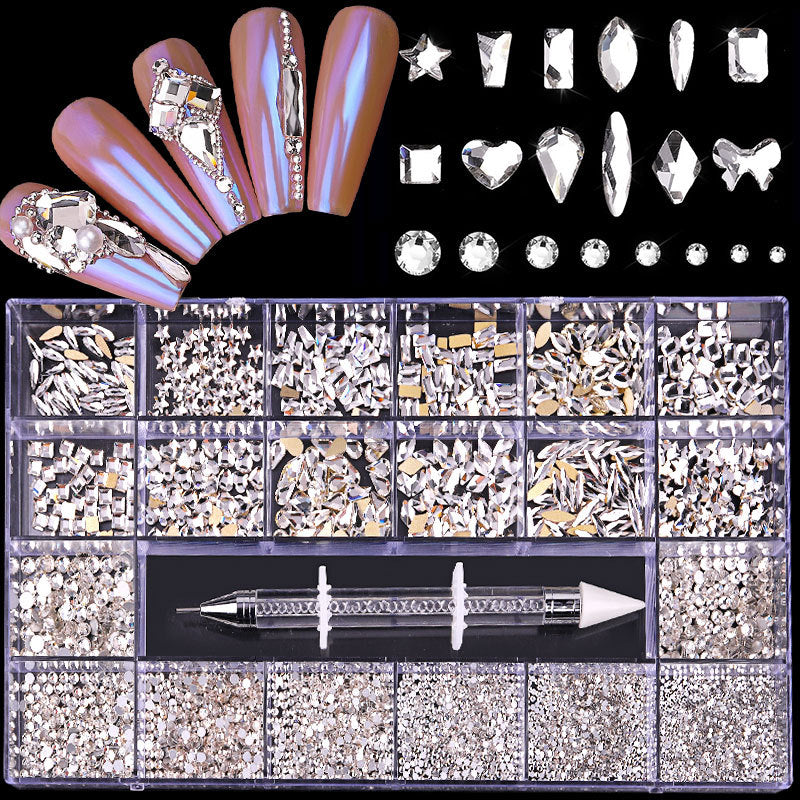3100Pcs 3D Shapes Flatback Rhinestones Set for Nail Art Crystals AB Nail Gems Jewels Diamond with Rhinestones Wax Picking Pen