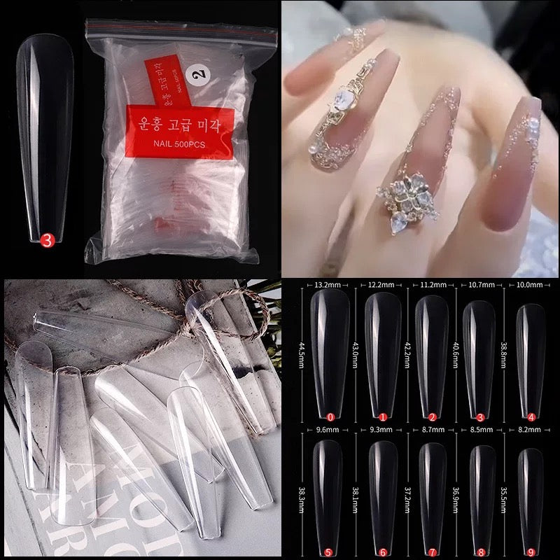 500 Pcs Extra size Long Nail Tip Full Cover Coffin shape Clear